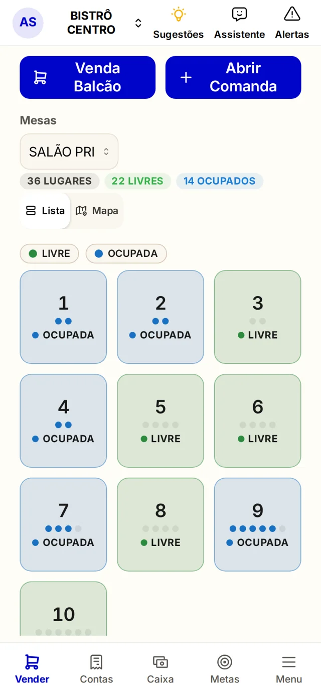 Mapa de mesas do iRest no celular do garçom, com mesas livres e ocupadas